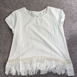 White Short Sleeve Top with Fringe